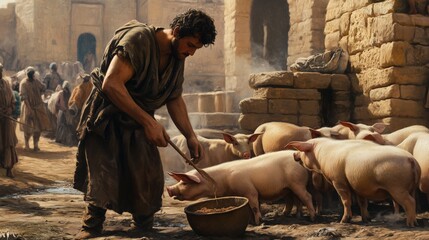Prodigal son in ancient Israel feeding pigs. Sad moment.