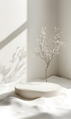 5. A minimalist mock-up design featuring an empty podium against a backdrop of smooth white snow, creating a serene atmosphere for presenting beauty products in a fresh and clean style