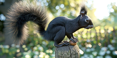A black squirrel clinging to a wooden fence post, its bushy tail flicking back and forth as it searches for acorns.