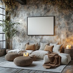 A spacious modern room features a blank canvas on a rustic wall, emphasizing cozy elements like candles and soft, inviting furniture.
