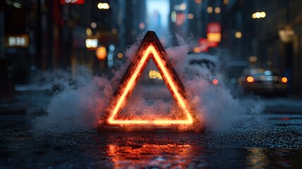 A glowing triangle in a foggy city street.