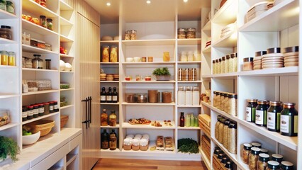 Well-organized pantry with white shelves and wooden floor.