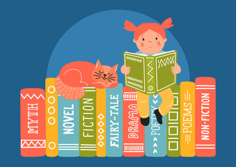 Girl reading book to cat on bookshelf. Different literary genres books. Reading, literature, education concept.