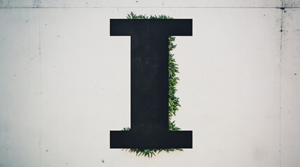A black letter I formed by a grouping of green plants growing against a white wall.