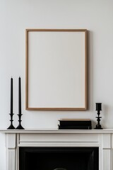 Sophisticated space blending contemporary and classic elements with a striking contrast of white and black, centered around a fireplace mantel.