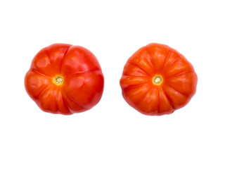 Two red tomatoes on a white background.