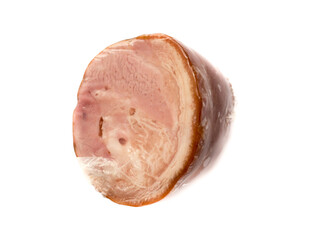 A piece of smoked ham on a white background.