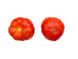 Two red tomatoes on a white background.