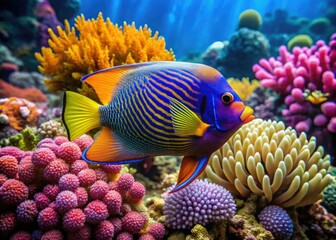 Obraz premium In clear tropical waters, a vibrant angelfish swims elegantly, weaving through a landscape of breathtaking coral reefs bursting with color and vibrant marine life.