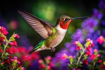 Obraz premium In flight, a ruby-throated hummingbird dances among colorful blooms and rich foliage, its dazzling feathers sparkling as it sips nectar from nature's bounty.