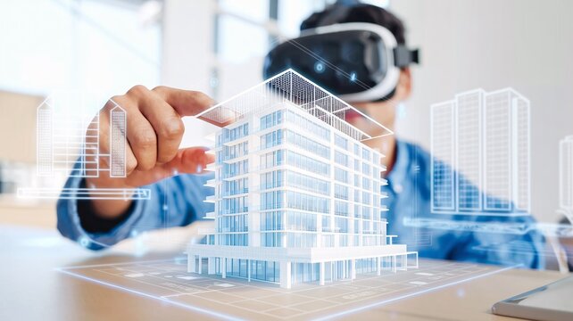A close-up of an architect wearing virtual reality (VR) goggles while walking through a virtual 3D model of an eco-friendly building, navigating through the design process.