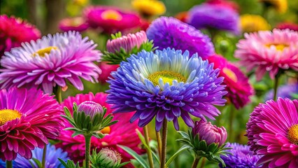 Obraz premium In full bloom, vibrant asters reveal natureâ€™s splendor, highlighting the breathtaking beauty and colorful diversity of flowers, captivating every observer with their charm.