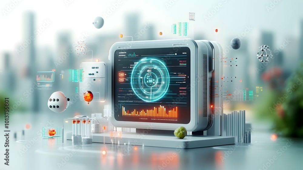 Poster stunning 3d rendering of a blockchain powered bioinformatics platform featuring a holographic data v