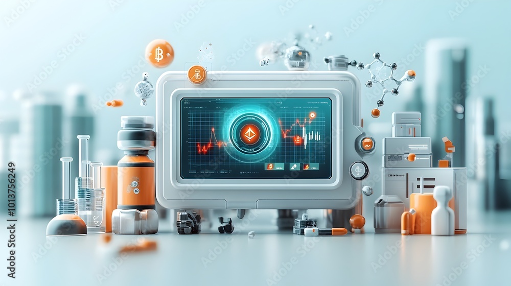 Poster stunning 3d rendering of a blockchain powered bioinformatics platform featuring a sleek and minimali