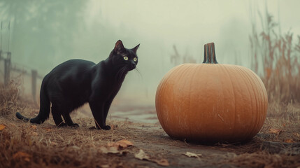 Black cat standing beside a large pumpkin on a foggy evening, soft autumn light, eerie Halloween ambiance