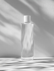 Naklejka premium A clear glass bottle with a white lid, sits on a white surface with soft shadows.