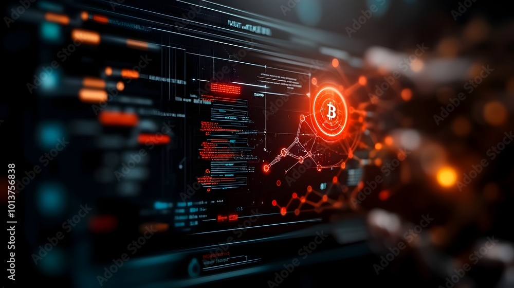 Poster sleek futuristic 3d visualization of a blockchain driven biotechnology solution showcasing the power