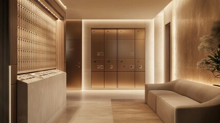 Obraz premium Condominium mailroom featuring a wall of numbered mailboxes. The clean, organized space has neutral tones, soft lighting, and an elegant, minimalist design.