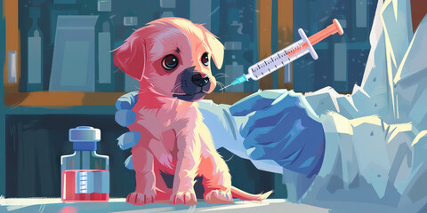 A lively scene at a pet hospital, with doctors and nurses attending to various animals in brightly colored rooms.