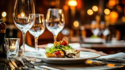 Fototapeta premium An elegant fine dining table set with a chef's special dish, accompanied by delicate glassware and gleaming silver cutlery, in a luxurious restaurant.