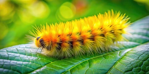 In the warm summer season, a bright yellow woolly bear caterpillar sits on a vivid green leaf, embodying nature's beauty in its natural environment.