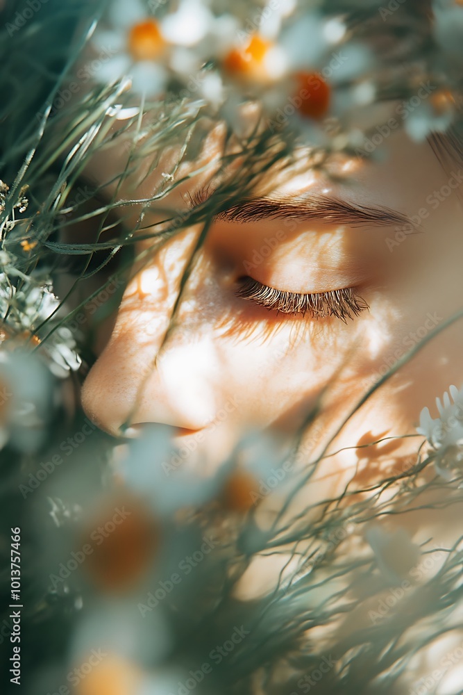 Canvas Prints Closeup of woman's eye and face hidden behind a meadow of daisies and greenery. Concept of nature, peace, serenity, and beauty