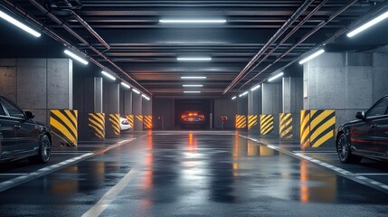 Industrial-style underground parking garage exit. Cars parked on either side, bright emergency lights, and an open exit gate leading to the outside world.