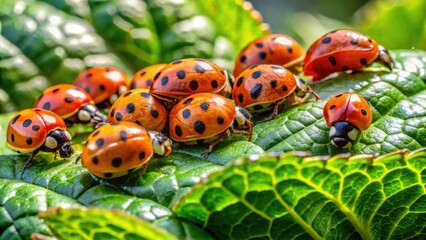 Obraz premium Ladybirds Feeding on Green Leaves, Nature's Tiny Predators in Action in a Vibrant Garden Setting