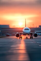 A commercial airplane on the runway during a vibrant sunset, perfect for travel industry promotions, aviation blogs, or flight-related designs, capturing the essence of air travel,