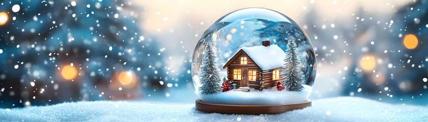 Floating Snow Globe with Miniature Winter Scene Featuring Snow-Covered Trees and Cabin - Perfect for Festive Promotions and Holiday Designs in Stock Photography