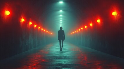 A man walks down a dark tunnel with red lights on the walls