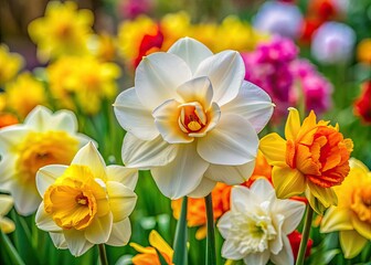 Lively blooms of gardenia and daffodil showcase radiant colors, set against a gently softened garden background that highlights their exquisite beauty and grace.