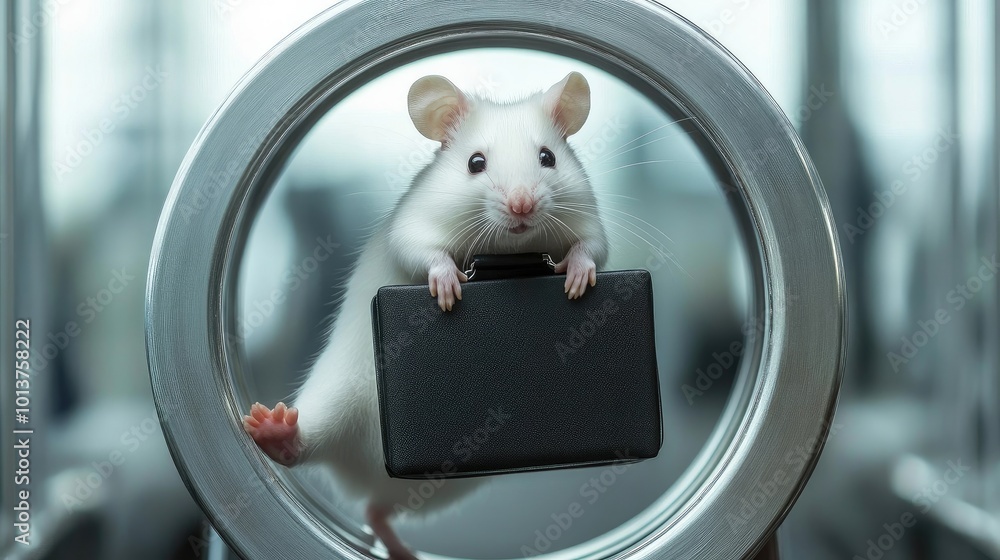 Poster white mouse gripping a briefcase while endlessly walking on a hamster wheel, symbolizing the unendin