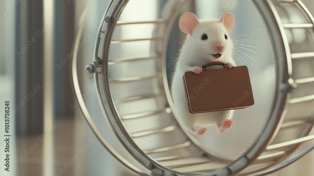 Poster white mouse gripping a briefcase while endlessly walking on a hamster wheel, symbolizing the unendin