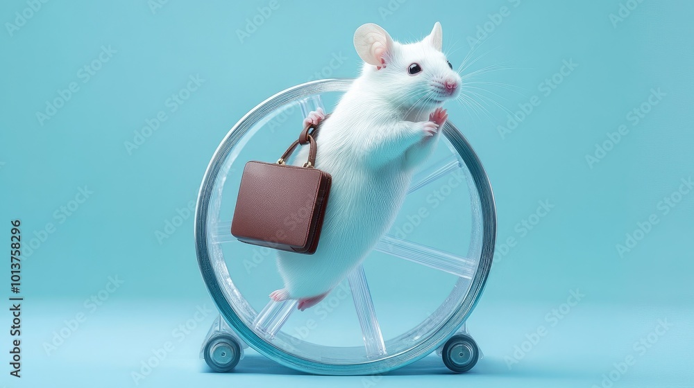 Poster white mouse gripping a briefcase while endlessly walking on a hamster wheel, symbolizing the unendin