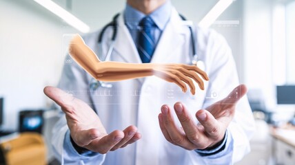 A close-up of a doctor using a hand gesture to rotate a virtual 3D model of a human arm on a holographic interface, representing motion diagnostics.