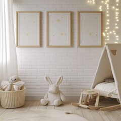 A cozy nursery room with three framed prints, plush toys, and a small teepee under warm string lights for kids.