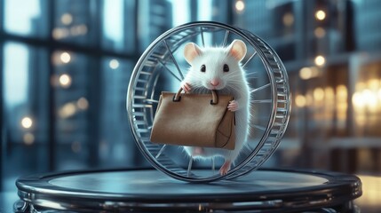 White mouse gripping a work bag while walking on a hamster wheel, representing diligence and mental exhaustion from overwork.