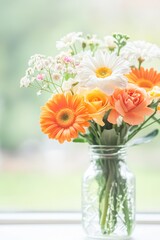 A vibrant bouquet featuring orange gerberas, white daisies, and delicate pink accents in a clear jar, set against a soft, blurred background, Ideal for decoration, events, or floral-themed designs,