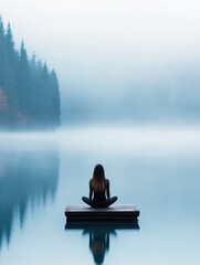 Fototapeta premium A serene scene featuring a person meditating on a wooden dock amidst a misty lake, surrounded by tall trees, Ideal for wellness, relaxation, and nature-themed projects,