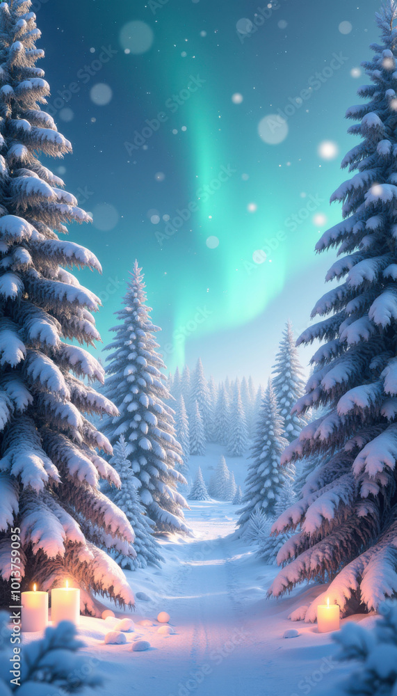 Poster a snowy forest with a path leading through it. the path is lit by candles and the sky is filled with