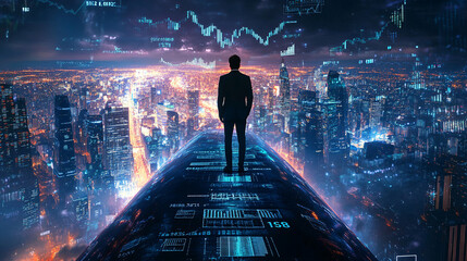 Businessman Looking at City Skyline with Data and Charts Overlays
