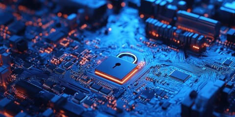 A closed padlock sits on a glowing circuit board, representing digital security.