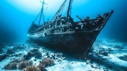 Fototapeta premium Ultra-realistic photo of an ancient pirate shipwreck at the ocean bottom, eerie deep-sea atmosphere