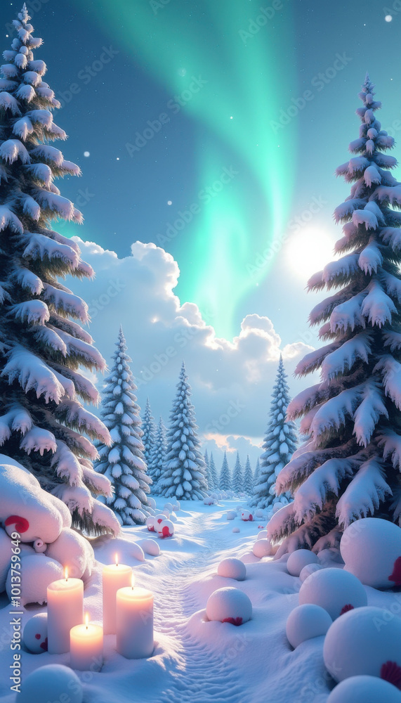 Aufkleber a snowy forest with a path leading through it. the path is lit by candles and the sky is filled with