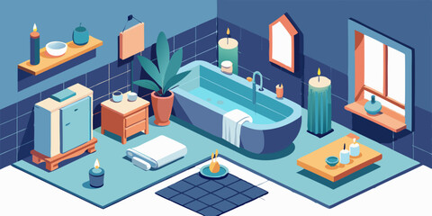 Obraz premium An isometric view of a bathroom with a relaxing bathtub, candles, and fluffy towels.