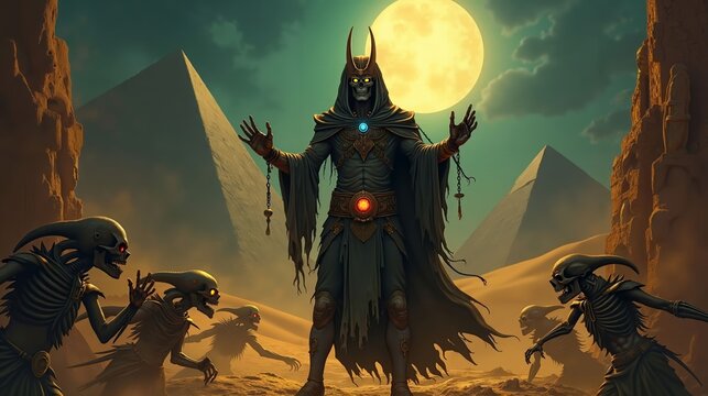 Undead Pharaoh Amon Ra Commanding Skeletal Minions in a Crumbling Tomb