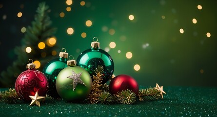 A Christmas tree on a green background, some glitter, a few baubles on the ground, a star on top