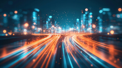 Abstract neon futuristic digital wallpaper with cyberpunk city in blue and orange bokeh lights. depicting: future technology, cloud storage, cyberspace and cybersecurity concepts