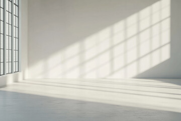 Obraz premium Bright sunlight casts long shadows in a minimal white interior space with large windows